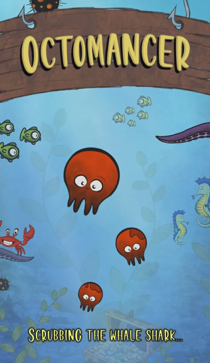 Octomancer loading screen artwork with octopuses and sea creatures