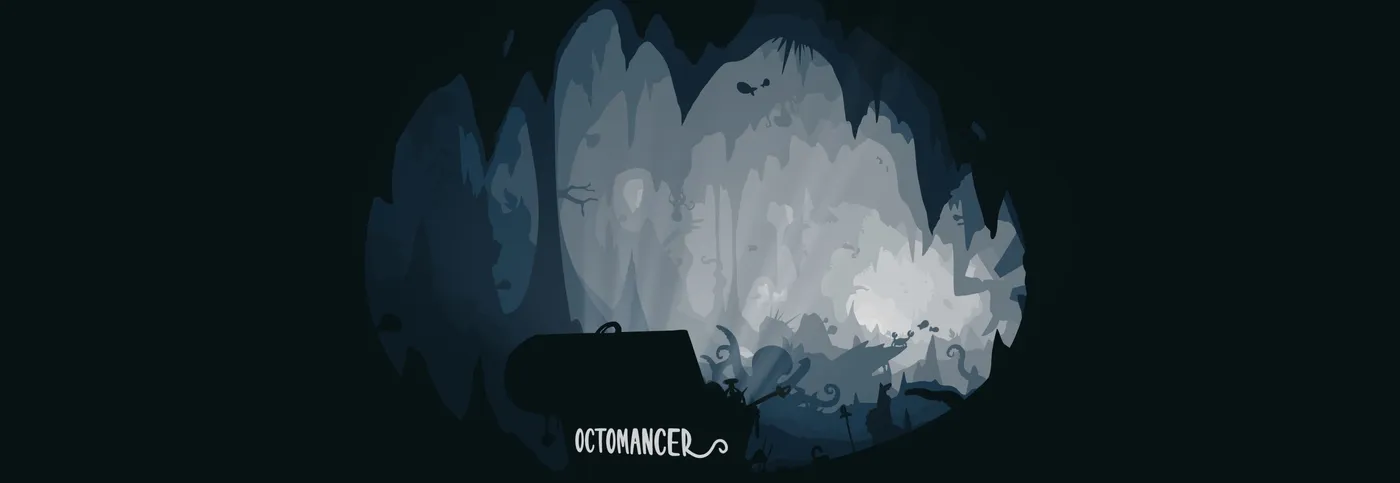 Octomancer key art: the title over a dim underwater cave