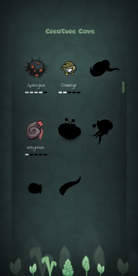 The Creature Cave collection screen, showing captured creatures like Spikeyboi and Crazeye