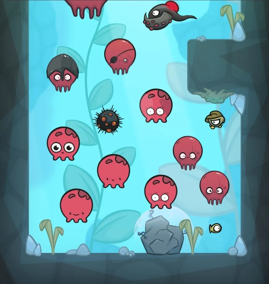 A swarm of colourful octopus enemies filling the cove