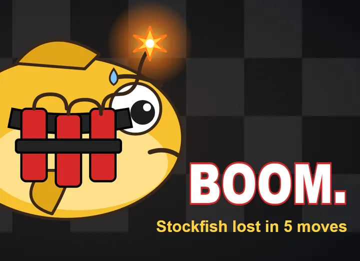 BlowFish, a cartoon fish strapped with dynamite: Stockfish lost in 5 moves